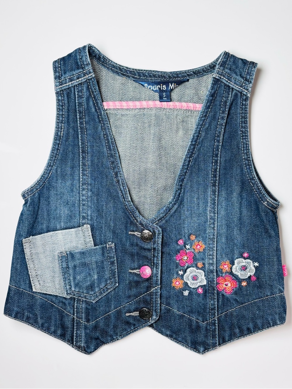 Vintage Souris Mini Embroidered Floral Mixed-Media Denim Vest 5 / 5Y